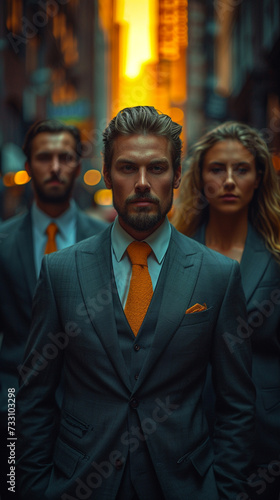 Modern business attorney team group portrait, professionals and experts posing together. They are wearing business suits in brown and orange tones. 