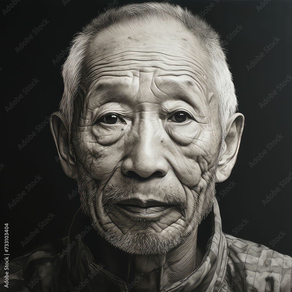 Grayscale portrait of an elderly Asian man looking at the camera. AI-generated.