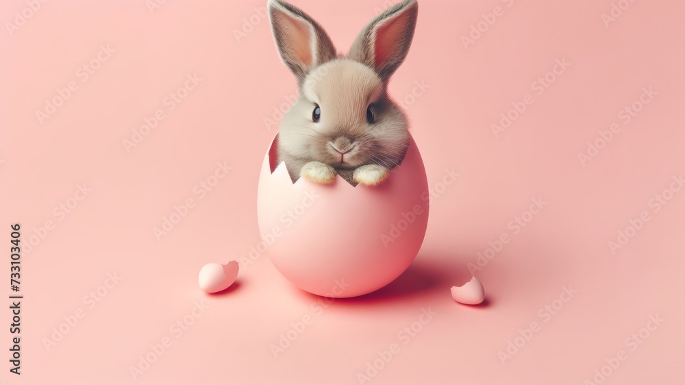 Cute Easter bunny hatching from pink Easter egg isolated on pastel pink background with copy space, Happy Easter banner with adorable rabbit Cute Easter bunny hatching from pink Easter egg isolated on pastel pink background with copy space, Happy Easter banner with adorable rabbit