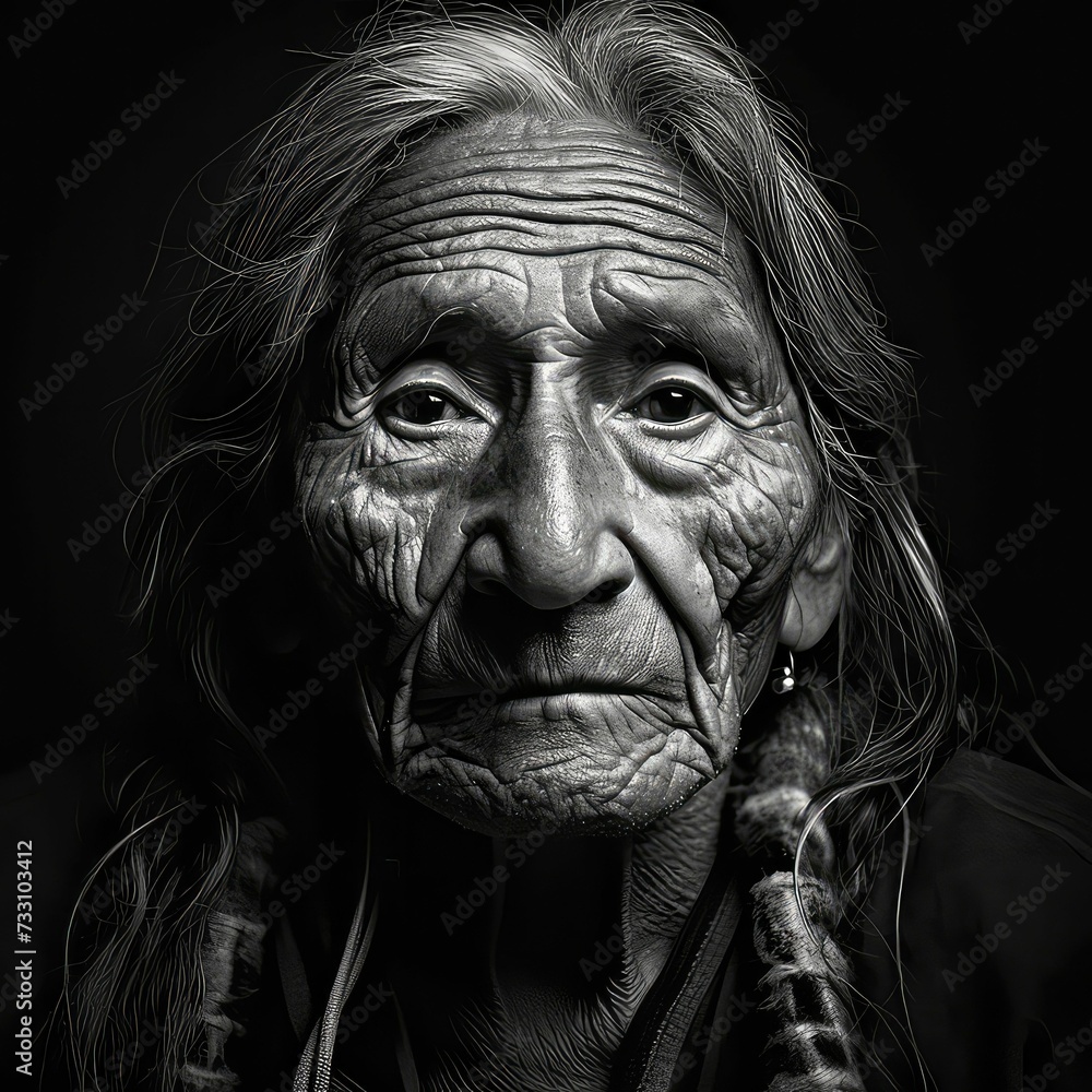 Grayscale portrait of an elderly Native American man looking at the camera. AI-generated.