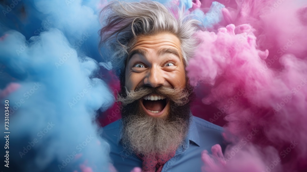 Portrait of a man with gray hair and beard, smiling in a smoky environment. AI-generated.