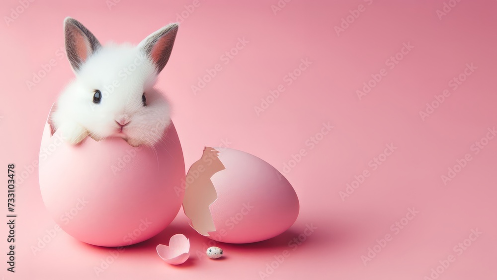 Fototapeta premium Cute Easter bunny hatching from pink Easter egg isolated on pastel pink background with copy space, Happy Easter banner with adorable rabbit