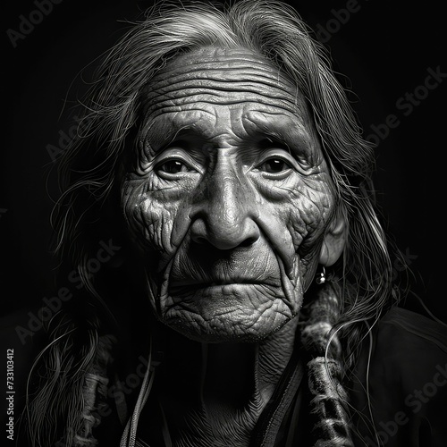 Grayscale portrait of an elderly Native American man looking at the camera. AI-generated.