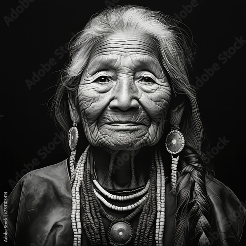 Grayscale portrait of an elderly Native American woman looking at the camera. AI-generated.