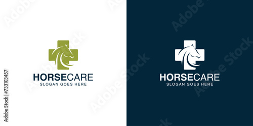Creative Horse Care Logo. Cross Health and Horse with Minimalist Style. Horse Head Logo Icon Symbol Vector Design Template.