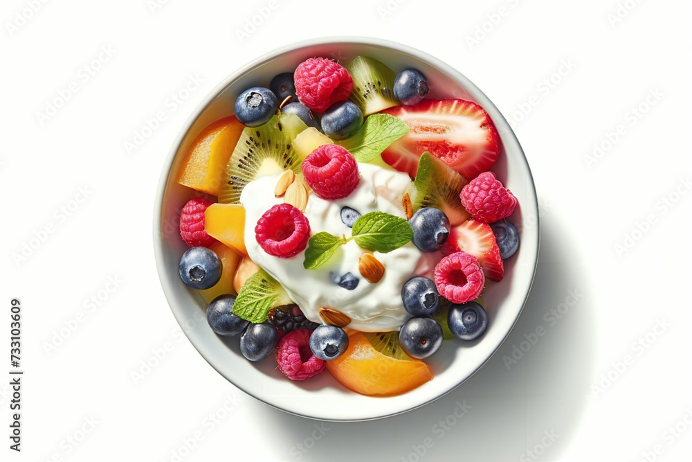 AI generated illustration of a delicious and healthy fruit salad dish, with a creamy yogurt topping