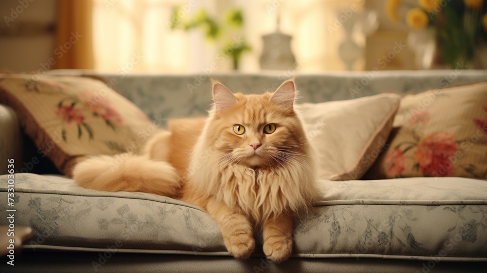 The captivating image of a majestic ginger feline at ease on a comfortable sofa, exuding an air of tranquility.