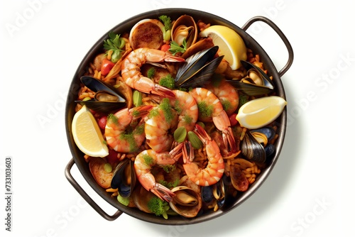 AI generated illustration of cooked seafood dish, featuring shrimp, clams and rice served in a pan
