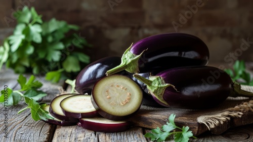 A carefully arranged composition of whole and sliced eggplants on a rustic wooden table. Soft, natural light highlights the rich purples and greens, creating a timeless still-life scene.
