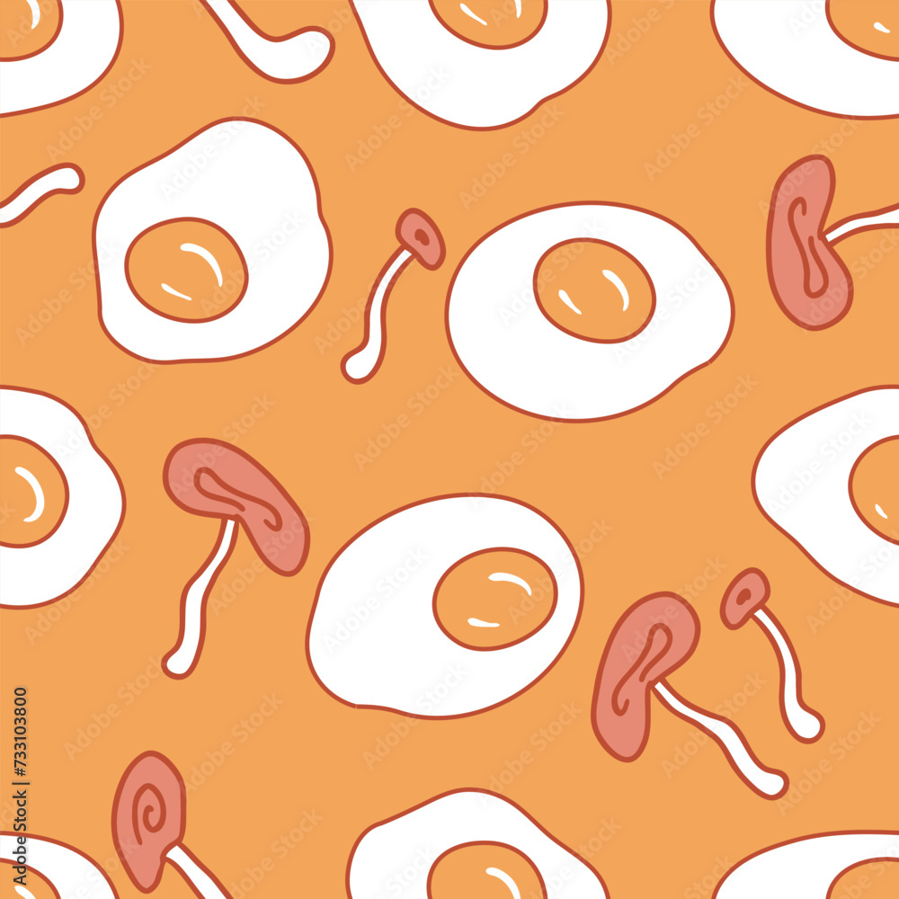 Morning Feast Combo fried eggs with mushrooms shiitake seamless pattern. Simple and great design for any purposes. Hand drawn vector illustration.