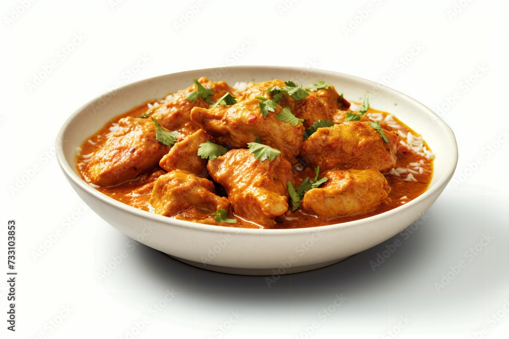 AI generated illustration of a plate of tasty chicken masala on the white background