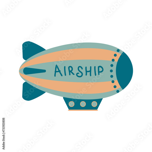 Striped retro blimp with inscription Airship. Perfect print for poster, card, sticker. Isolated vector illustration for decor and design.