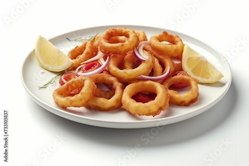 White plate with fried calamar rings with lime slices on the white surface