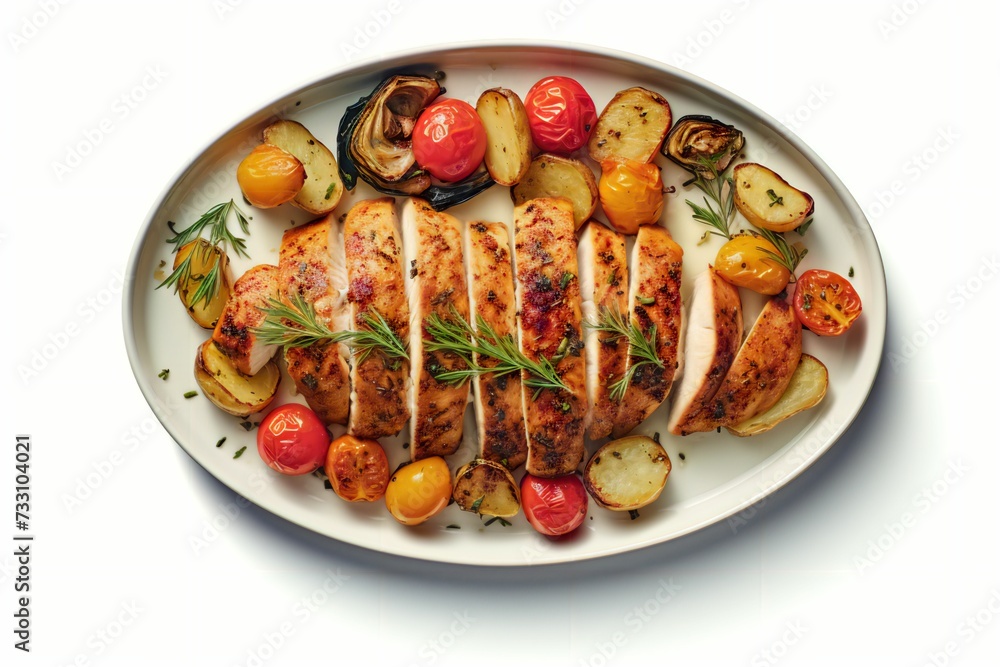 AI generated illustration of a plate of grilled chicken breast and potatoes on a white background AI generated illustration of a plate of grilled chicken breast and potatoes on a white background