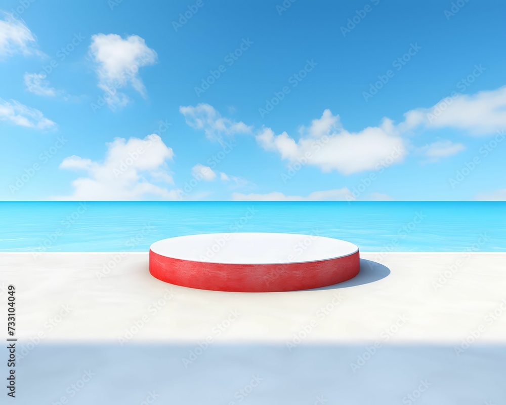 AI generated illustration of a red platform on the background of a blue sea
