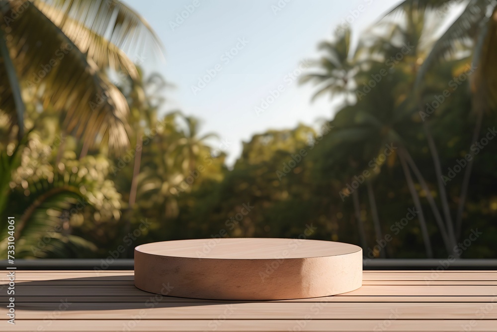 AI generated illustration of a wooden platform on the background of lush palm trees AI generated illustration of a wooden platform on the background of lush palm trees