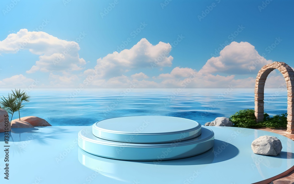AI generated illustration of a blue platform on the backdrop of an outdoor swimming pool