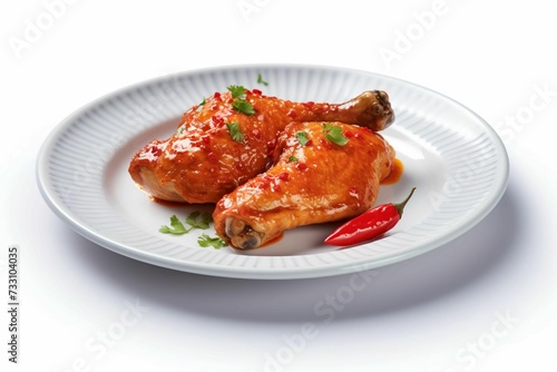 AI generated illustration of a white plate with Piri-Piri Chili fried chicken and fresh red pepper