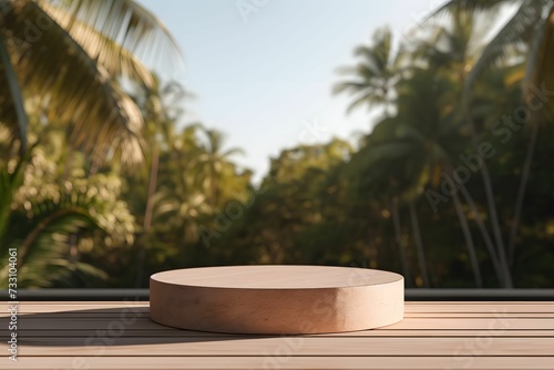 AI generated illustration of a wooden platform on the background of lush palm trees © Wirestock