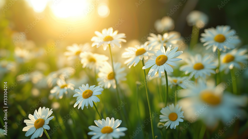 Sunlit meadow with daisies blooming, spring freshness. AI Generative.