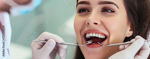 dentist examined or drilling tooth to patient. Dentist and patient in dentist clinic photo