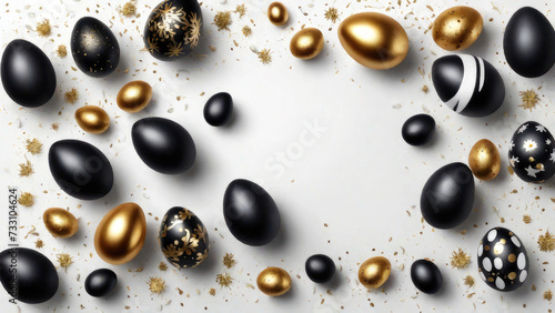 happy easter holiday banner top view on white and black eggs with golden liquid and golden confetti.