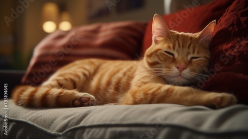 The serene presence of a ginger cat on a comfortable sofa, capturing the essence of relaxation and contentment.