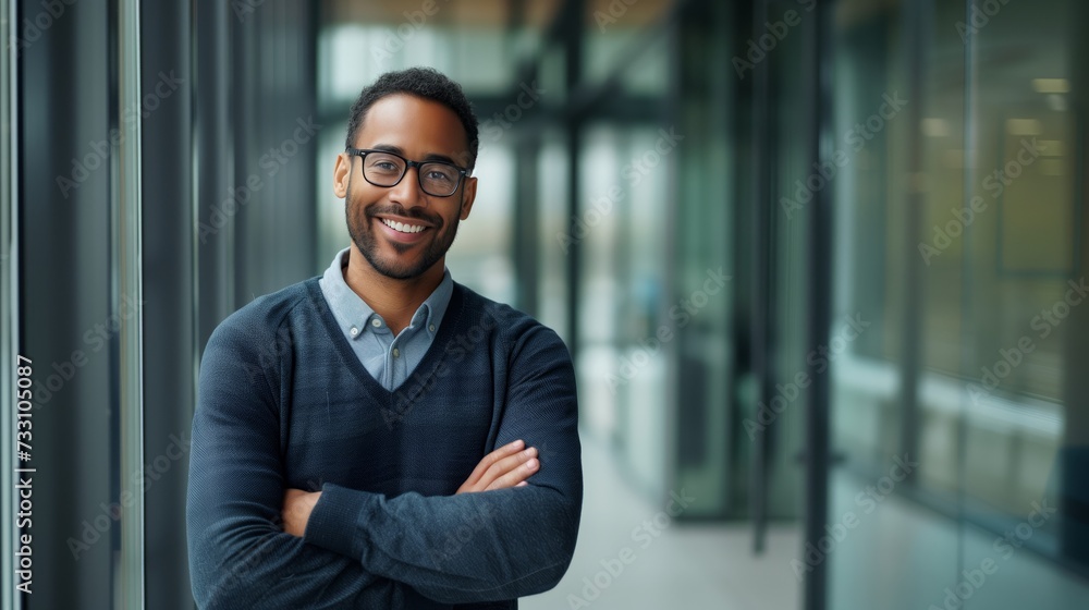 A smart successful business person standing in office with crossed arms A smart successful business person standing in office with crossed arms