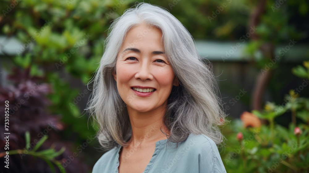 Cute Smiling Woman With Grey Hair. Beautiful Middle-Aged Asian Woman Portrait. Mature beautiful middle aged asian woman, senior older grey haired lady looking at camera. Cute Smiling Woman With Grey Hair. Beautiful Middle-Aged Asian Woman Portrait. Mature beautiful middle aged asian woman, senior older grey haired lady looking at camera.