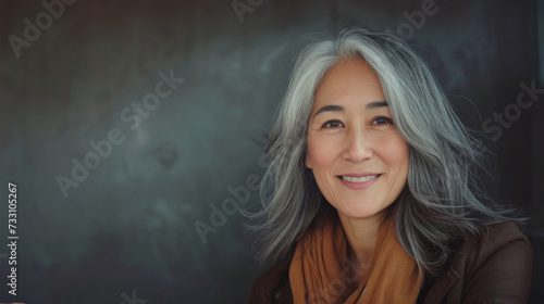 Cute Smiling Woman With Grey Hair. Beautiful Middle-Aged Asian Woman Portrait. Mature beautiful middle aged asian woman, senior older grey haired lady looking at camera. © Nataliia_Trushchenko