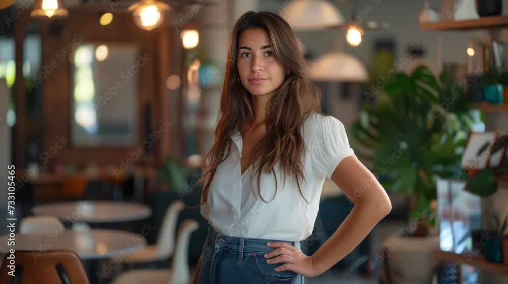 Portrait of woman entrepreneur standing with hand on hip at creative office Portrait of woman entrepreneur standing with hand on hip at creative office