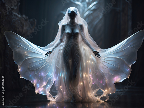 A woman with glowing wings and a white veil stands in a dark place.
