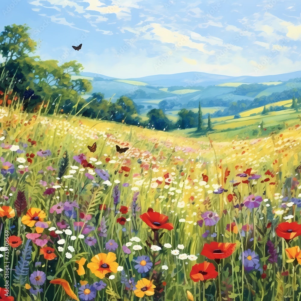 Idyllic Summer Meadow with Vibrant Wildflowers and Lush Green Hills