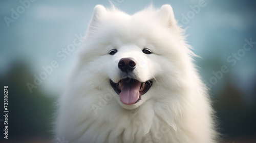 Samoyed with a fluffy white coat and smiling face