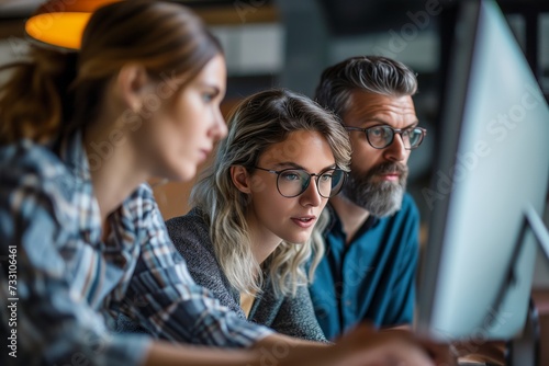 Colleagues are discussing issues in front of their computers