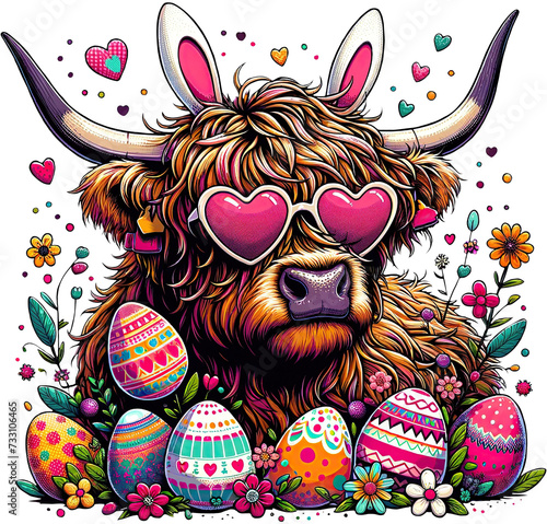 Vibrant Highland Cow with Heart Sunglasses and Easter Eggs. A whimsical illustration of a shaggy highland cow adorned with heart-shaped sunglasses, surrounded by colorful Easter eggs and flowers. photo