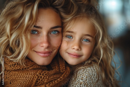 A tender embrace between a mother and daughter at home.