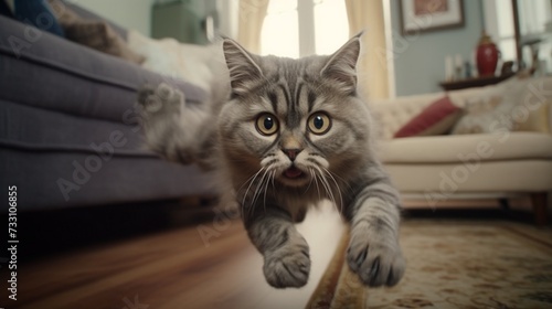 Whiskered companion reaching out to the camera lens, expressing curiosity in a comfortable home setting.