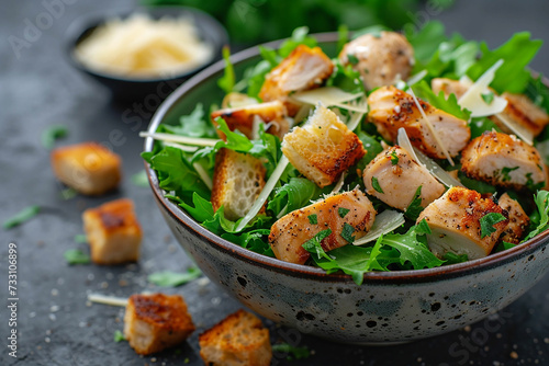A delicious chicken caesar salad with parmesan cheese, dressing and croutons.