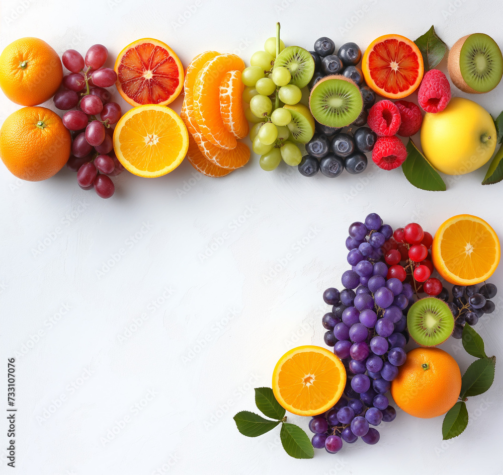 An array of colorful fresh fruits, including oranges, kiwis, grapes, and berries, artfully arranged on a vibrant white background