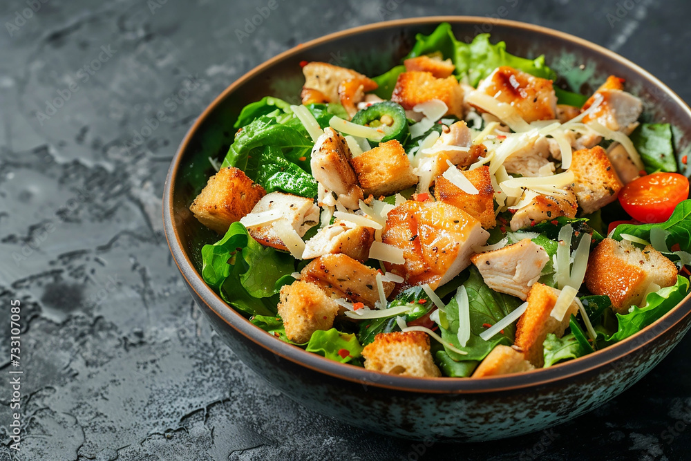A delicious chicken caesar salad with parmesan cheese, dressing and croutons. A delicious chicken caesar salad with parmesan cheese, dressing and croutons.