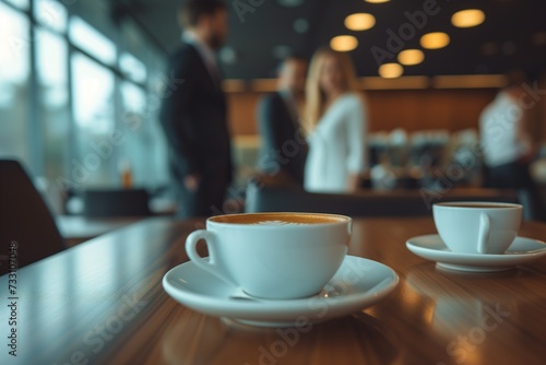 Business people standing around a table with coffee