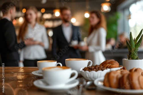 Business people standing around a table with coffee