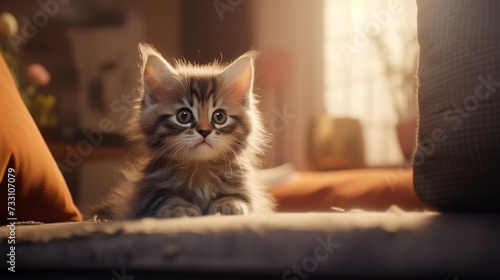 Whiskered friend creating an endearing scene by reaching out to the lens in the comforting space of home.
