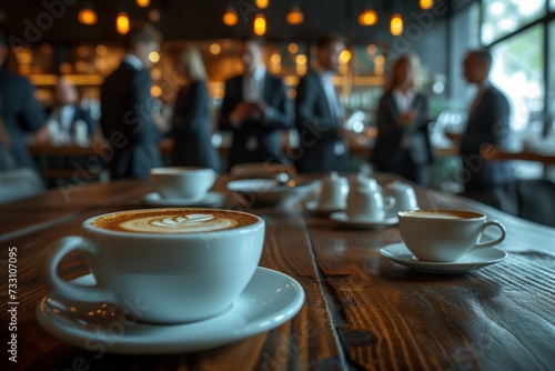 Business people standing around a table with coffee