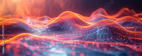 Vibrant digital waves with particles flow in a dynamic pattern, symbolizing data and connectivity.