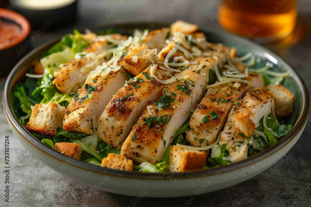 A delicious chicken caesar salad with parmesan cheese, dressing and croutons. A delicious chicken caesar salad with parmesan cheese, dressing and croutons.