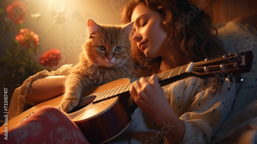 With a soft melody playing in the background, a young woman and her cat create a harmonious moment, their connection a silent duet of love.