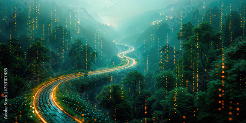 A winding road cuts through a lush  misty forest under a mysterious  twilight ambiance.
