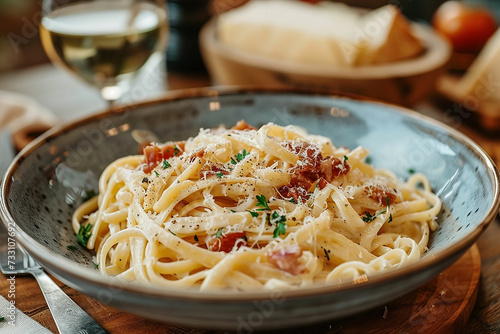 Carbonara pasta, spaghetti with pancetta, egg, hard parmesan cheese and cream sauce.